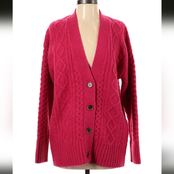 NEW J.CREW Cable-Knit Stretch Cardigan Sweater Wild Fuchsia Small - Picture 2 of 3